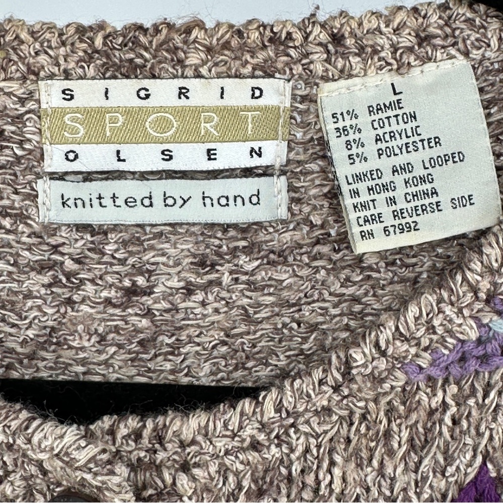 Women's Large‎ Tan Purple Lilac Patterned Sweater Vintage Cardigan Cozy - Picture 2 of 10